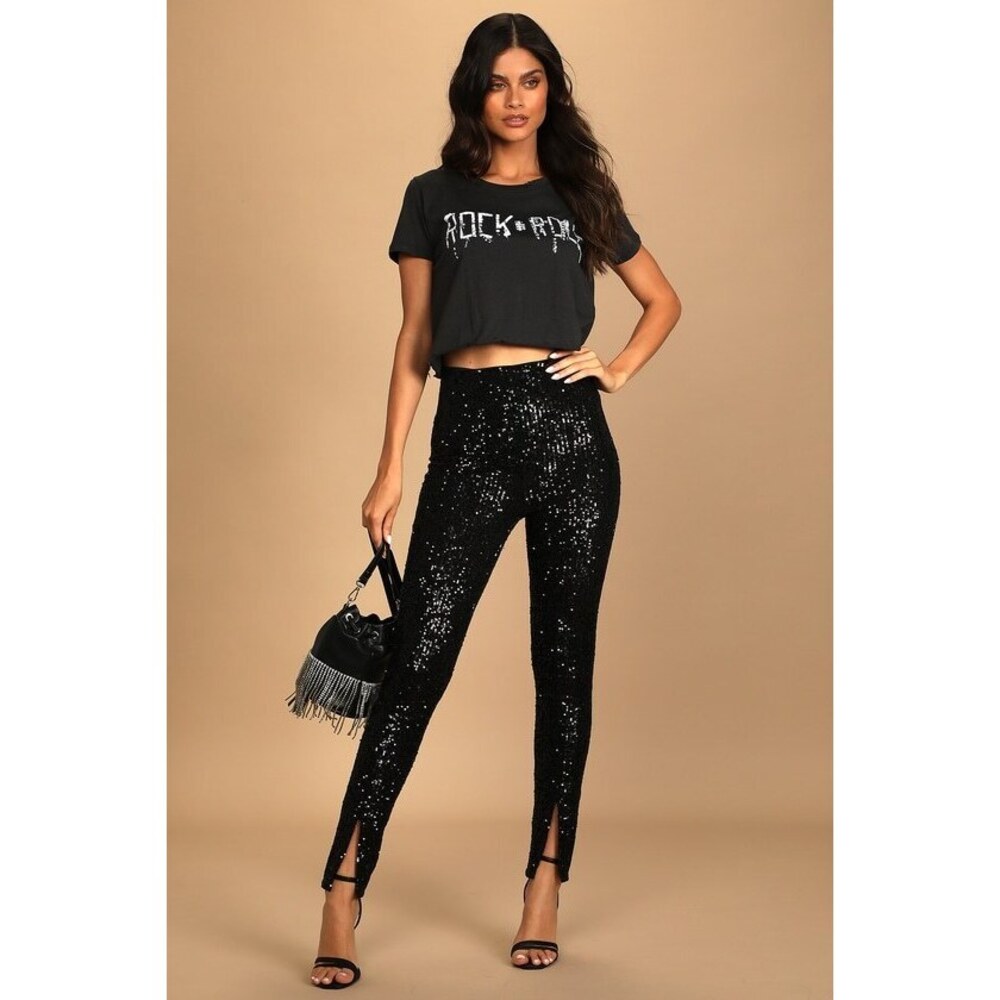Lulus Party Perfection Black Sequin Slit Front High-waisted Pants - Size M
